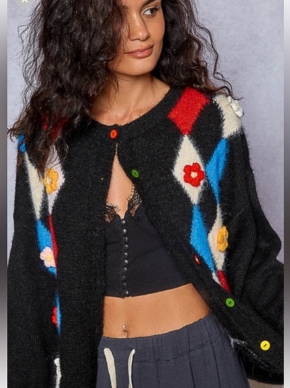 Pol Black Floral Argyle Knit Cardigan Sweater